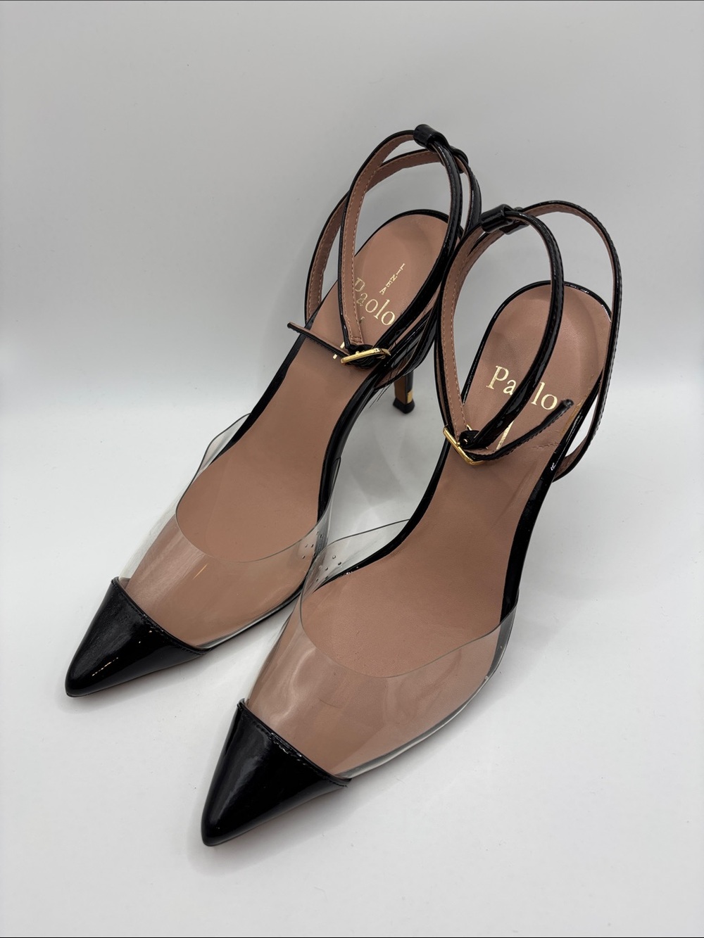 Paolo Black and Clear Pointed Toe Slingback Heels